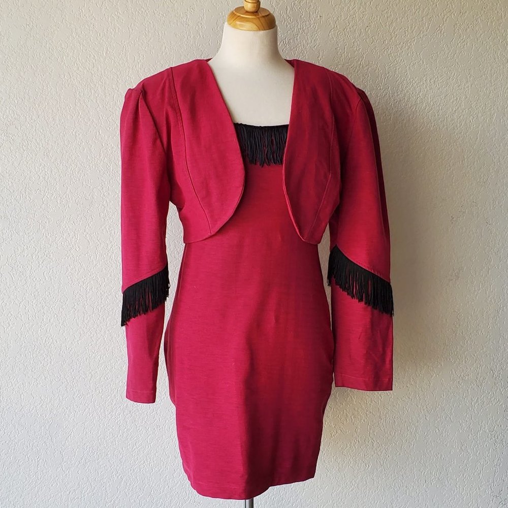 Vintage SEEDS 90s 2 Piece Western Cowgirl Dolly Pink Black Fringe Dress Set M - Picture 2 of 10